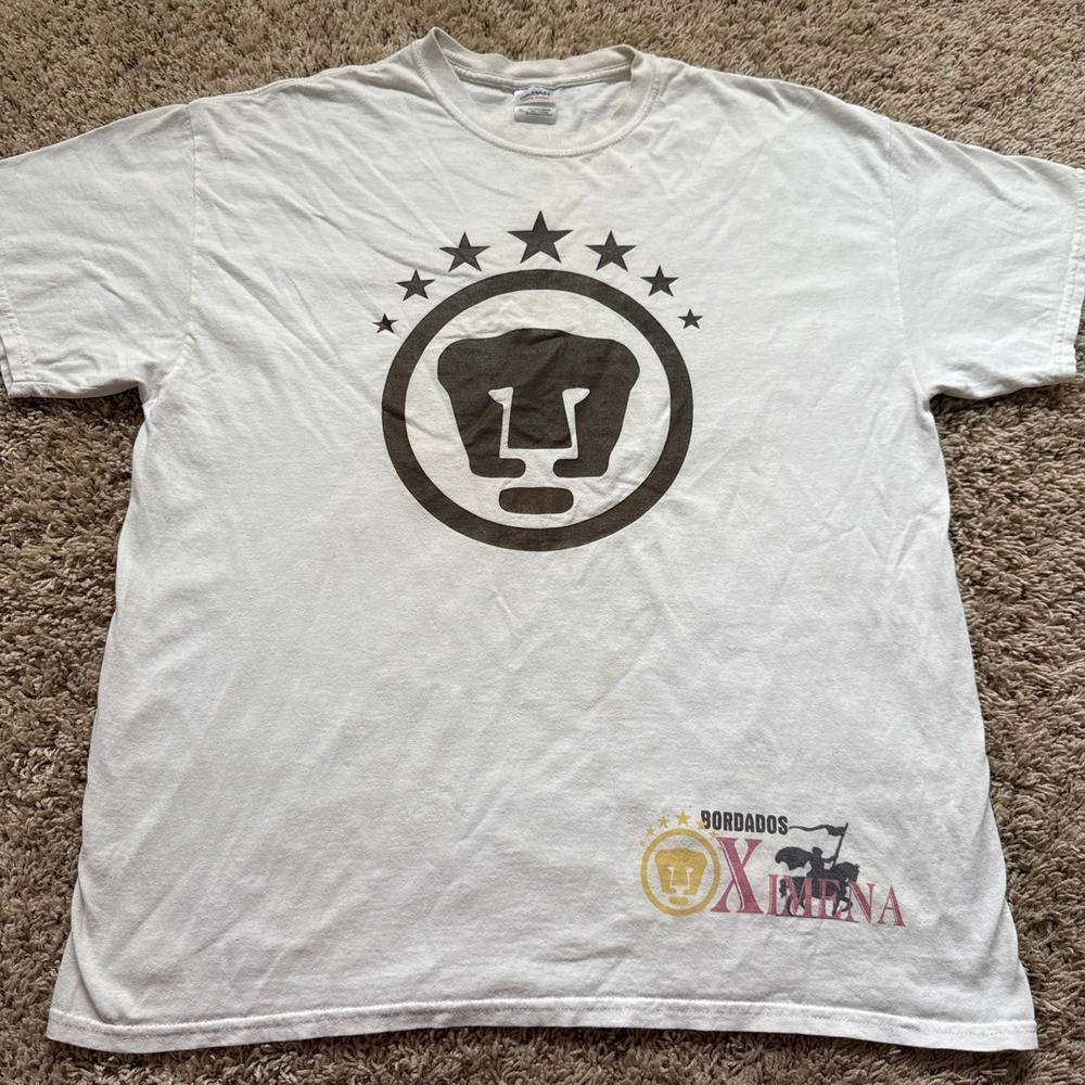 Y2K Gildan UNAM Pumas Logo Graphic T-Shirt White Mens XL Bordados Ximena Soccer